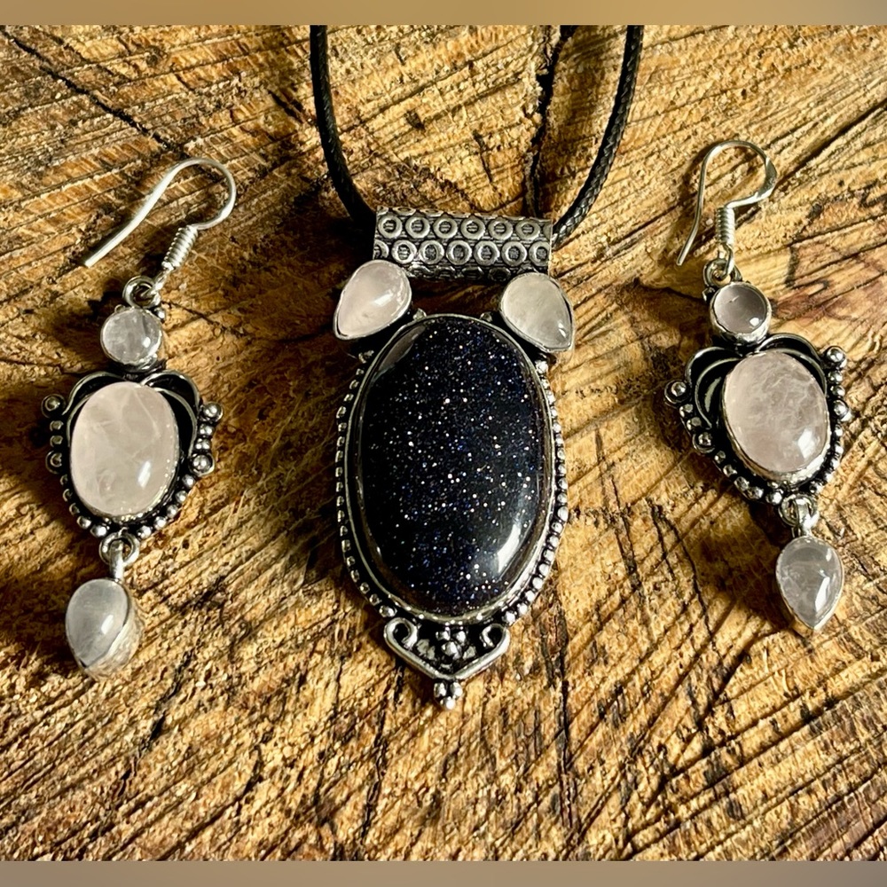 Rose Quartz & Blue Stone Pendant & Earrings